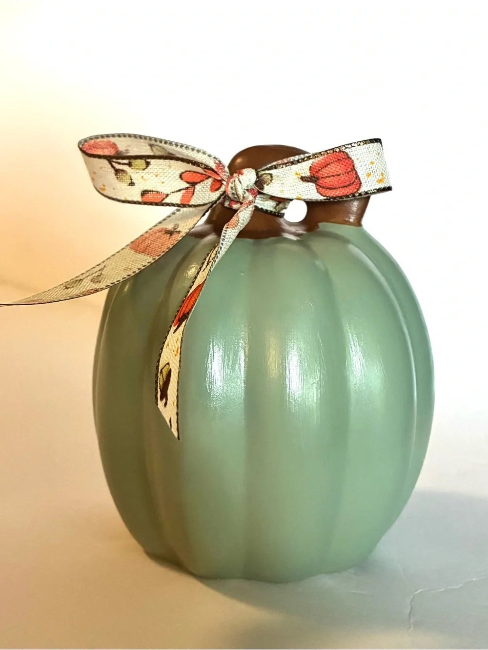 Green Ceramic Pumpkin Decor with Fall Bow